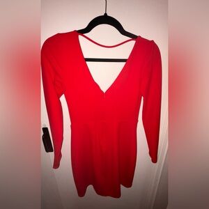 Express Red Plunging Neckline Dress with Sleeves, XS
